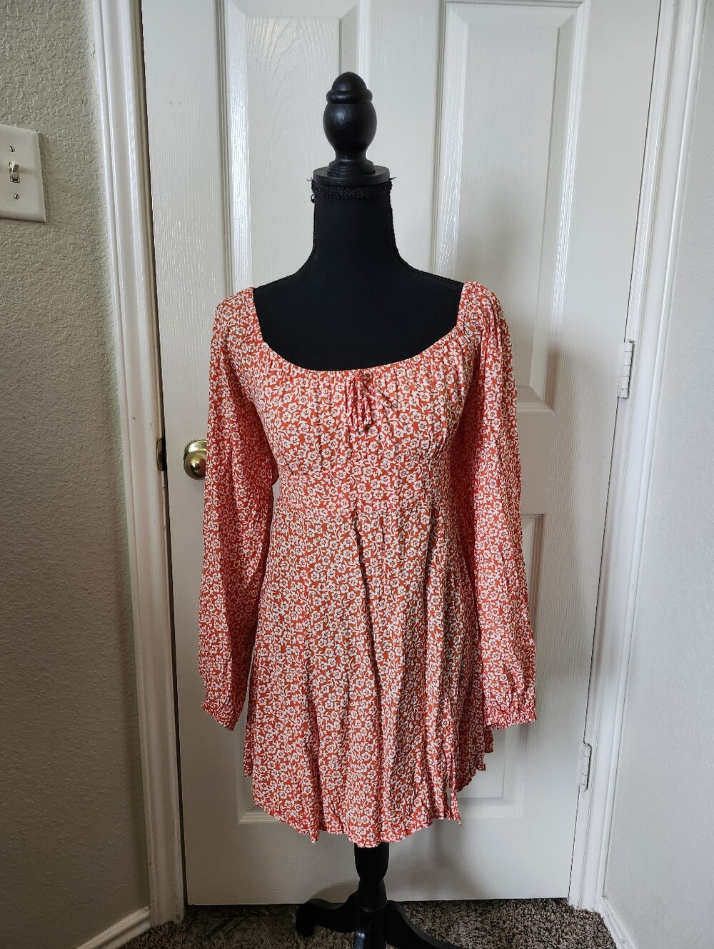 Faithfull the Brand Orange Floral Long-Sleeve Mini Dress